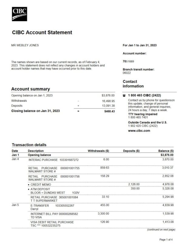 Canada CIBC Bank Statement