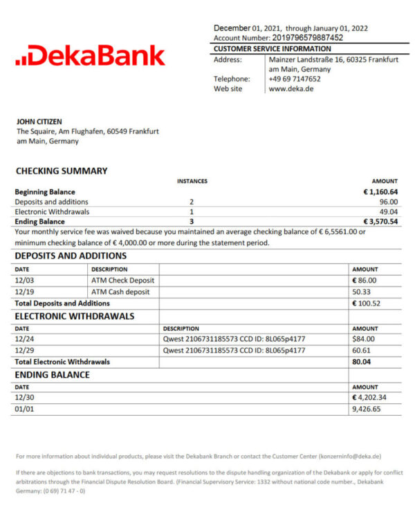 Germany Dekabank bank statement