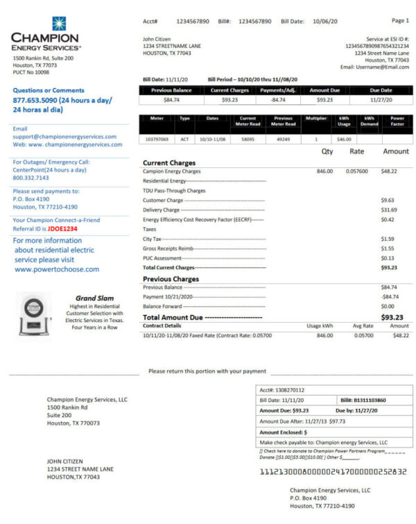 USA Texas Champion Energy Services Proof of Address Utility Bill