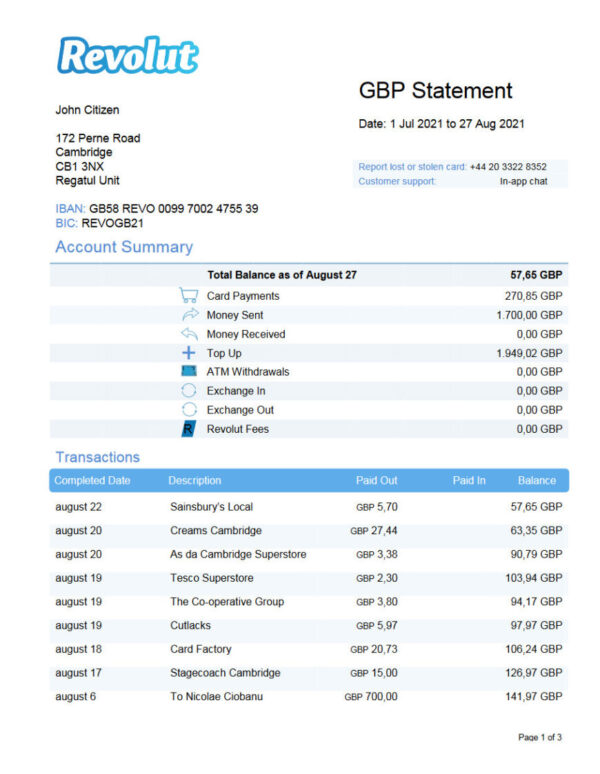 United Kingdom Revolut bank statement